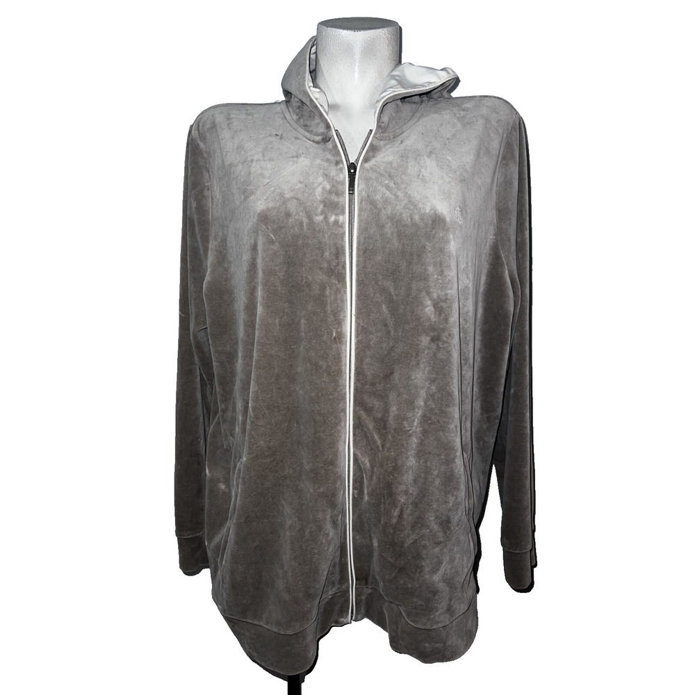 Lauren Ralph Lauren Women 3X Gray Velour Zip Up Hoodie Lined Sweatshirt Jacket